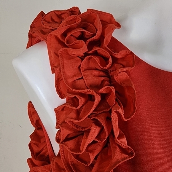 Trina Turk Coral Orange Midi Dress with Ruffle Sleeves Size 10 - Picture 5 of 13